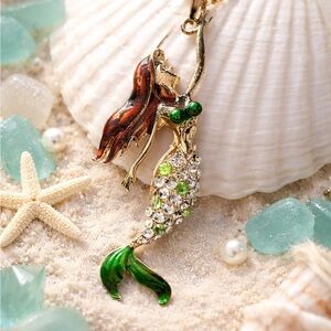 Mermaid Pendant Necklace Charm Rhinestone Green Crystal Red Hair Ocean Jewelry
